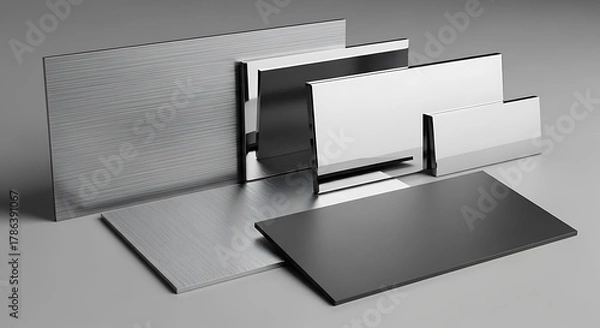 Fototapeta A diverse arrangement of metal sheets and plates, showcasing various finishes including brushed, polished, and matte textures, laid out on a neutral surface.