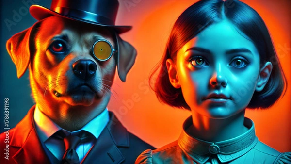 Fototapeta Dog in a top hat and monocle with a curious girl in a surreal colorful background