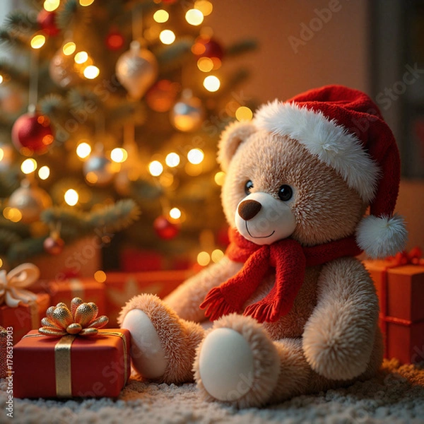 Obraz Teddy Bear cheerful sitting with gifts against a decorated Christmas tree