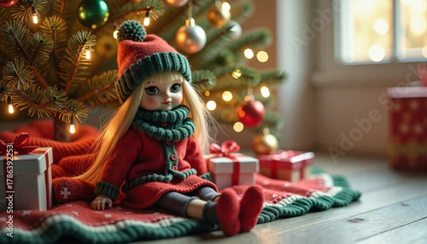 Fototapeta Christmas Doll cozy seated with wrapped presents against a twinkling tree