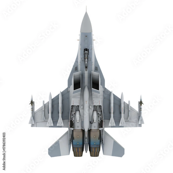 Fototapeta Top view of a gray military fighter jet aircraft with missiles military aircraft, cutout, PNG isolated on white or transparent background
