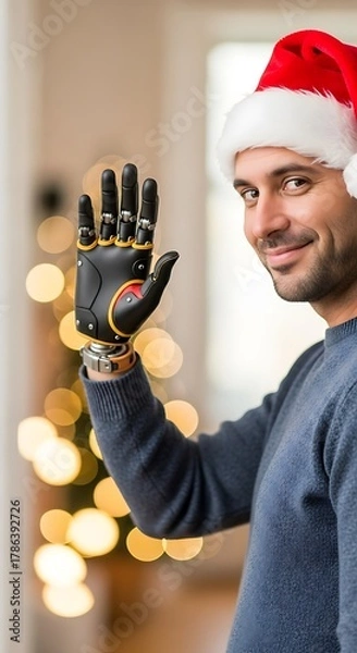 Fototapeta Man with prosthetic arm wearing Santa hat, smiling and waving at camera