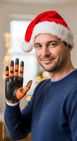 Fototapeta Man with prosthetic arm wearing Santa hat, smiling and waving at camera