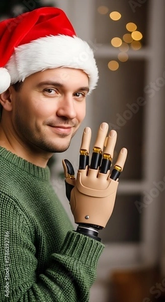Fototapeta Man with prosthetic arm wearing Santa hat, smiling and waving at camera