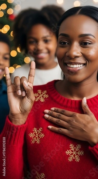 Fototapeta Mother using sign language to teach and say Merry Christmas to her kids