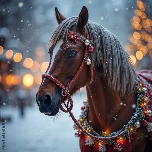 Fototapeta Horse joyful posing embodying winter celebration against snowy bokeh lights