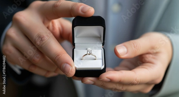 Fototapeta man proposing with an engagement ring in a velvet box