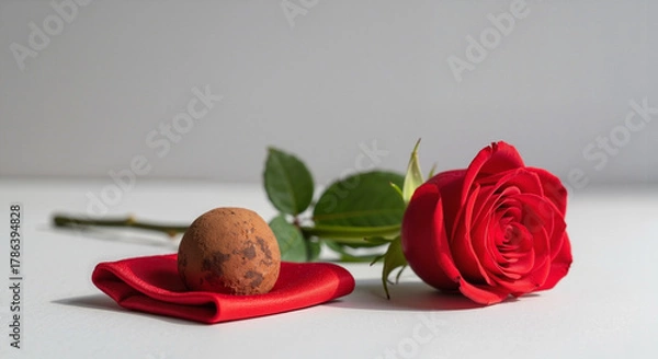 Fototapeta Red rose and chocolate truffle on red napkin with minimalist background
