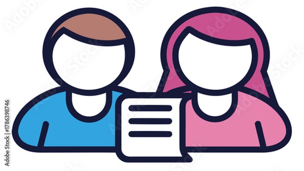 Obraz Two stylized figures, a man and a woman, holding a document.