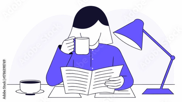 Obraz Woman reading a newspaper while drinking coffee at a desk with a lamp.