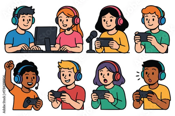 Obraz Diverse group of children playing video games with headsets and controllers