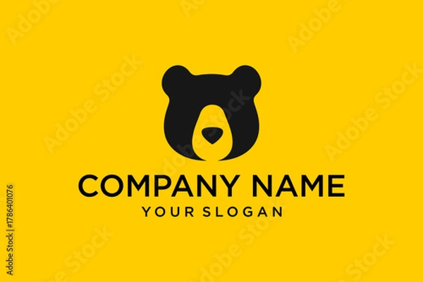 Fototapeta Minimalist Black Bear Head Logo on Vibrant Yellow Background with Company Branding Template