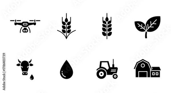 Fototapeta Farming technology icons: drone, crops, tractor, barn, and more in bold design
