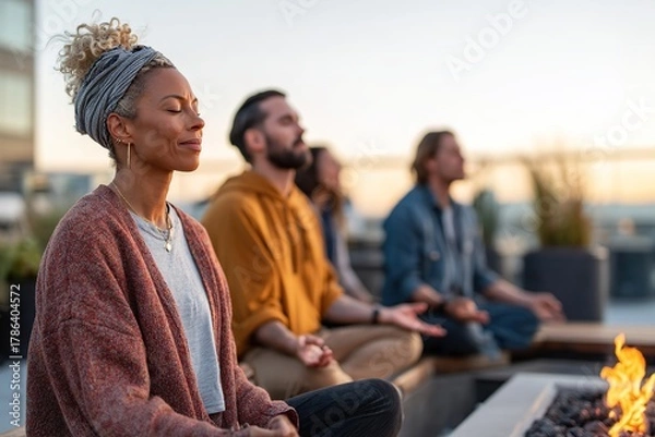 Obraz Gathering around a fire pit for meditation in an urban rooftop setting at sunset