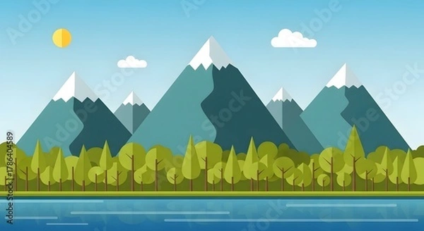 Obraz Flat design landscape with mountains, forest, river, sun, and clouds
