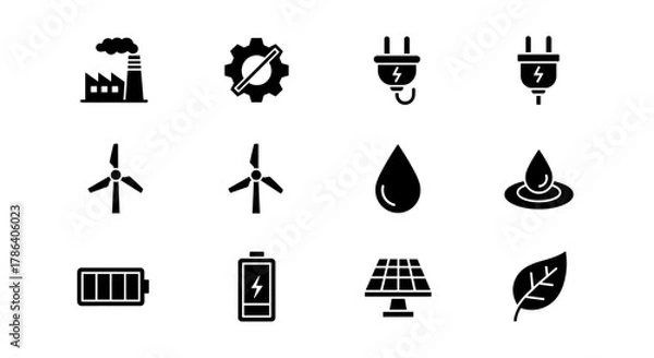 Fototapeta Sustainable energy icons in black silhouette style featuring renewable power and eco-friendly elements