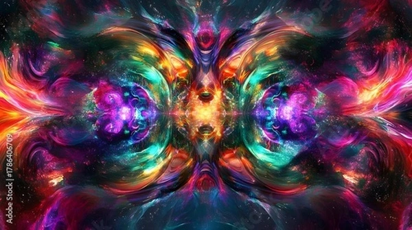 Fototapeta Kaleidoscopic background with vibrant light explosions and multidimensional energy forms.