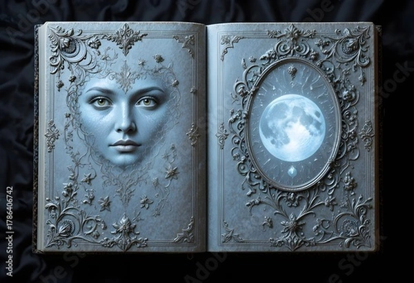 Fototapeta Open spread of enchanted silver book with mystical female face and moon symbol on magical inner pages