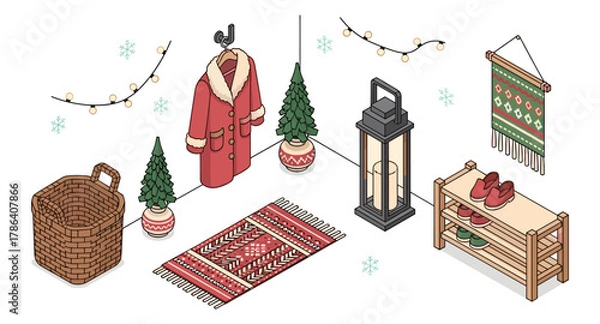 Fototapeta Cozy winter entryway with festive decor and scandinavian christmas elements