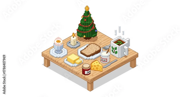 Fototapeta Cozy holiday breakfast with festive decorations on wooden table in isometric design