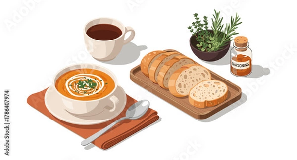 Fototapeta Cozy autumn meal with pumpkin soup, tea, and fresh herbs