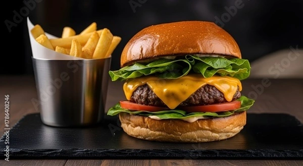 Fototapeta Classic cheeseburger with beef patty, cheddar, lettuce, tomato, and french fries