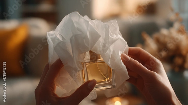 Fototapeta Hands Unwrapping a New Product from Tissue Paper