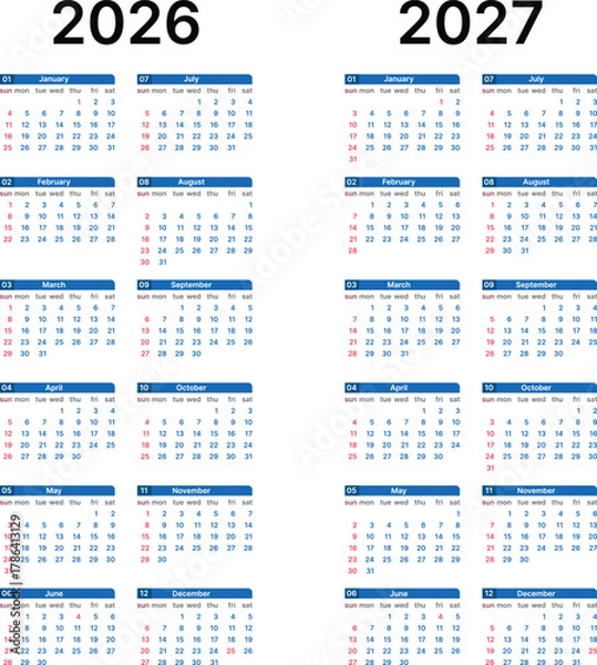 Fototapeta 2026 and 2027 calendar template. Wall planner template design. Week starts on Sunday.