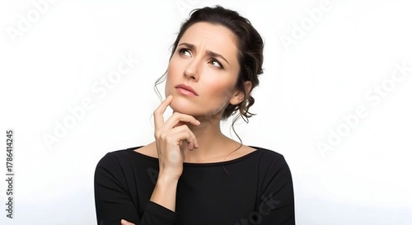Fototapeta Pensive young woman deep in thought, contemplating a complex decision or seeking an innovative solution with a focused and serious expression