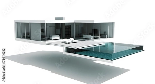 Fototapeta Elegant modern villa with a sleek design and a swimming pool, a 3D architectural visualization of luxury real estate