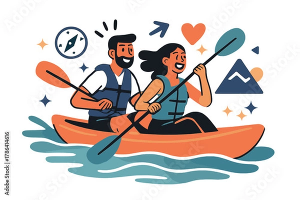 Fototapeta Kayaking Adventure Scene. Adventure travel. A couple kayaking on a glowing river with abstract motion lines