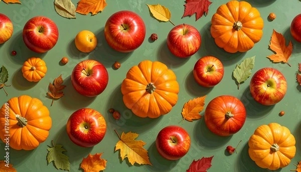 Fototapeta Autumn Harvest - A Vibrant Display of Pumpkins and Apples.