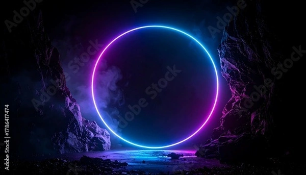 Fototapeta Neon portal in a dark cave setting.