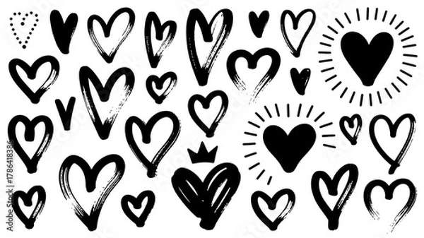 Fototapeta Collection of hand-drawn heart shapes brush stroke style vector illustration for love and romance concepts isolated on white background