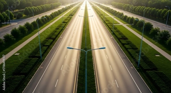 Obraz Aerial View of a Wide Highway Lined with Trees road