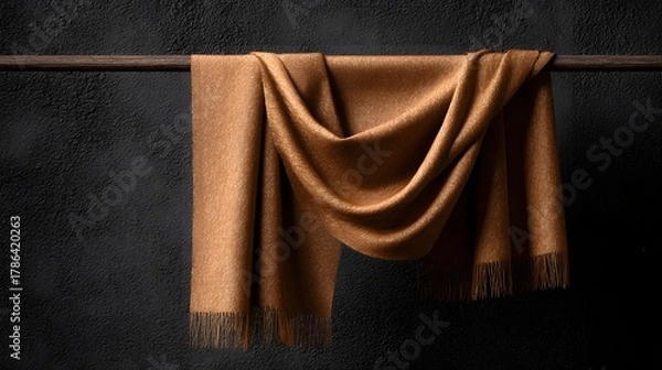 Obraz Elegant Brown Scarf Drapped Over Wooden Bar with Dark Background for Luxury Apparel and Textile Concepts Fashionable Accessory Photography Studio Shot