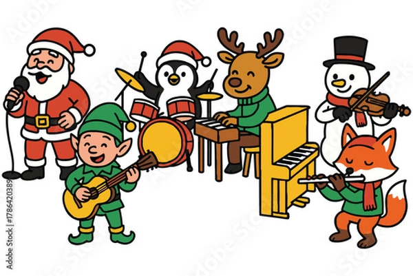 Obraz Charming christmas characters forming a festive musical band playing instruments together