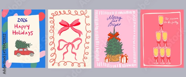 Fototapeta Set of Christmas greeting cards and party invitations in hand drawn vintage style, featuring mistletoe, gifts, Christmas tree, candles, bows and champagne in pink, red, green and blue colors, vector	
