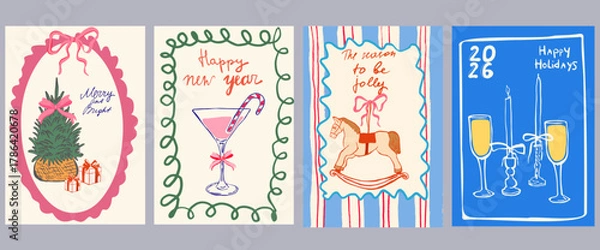 Fototapeta Set of Christmas greeting cards and party invitations in hand drawn vintage style, featuring mistletoe, gifts, Christmas tree, candles, bows and champagne in pink, red, green and blue colors, vector	
