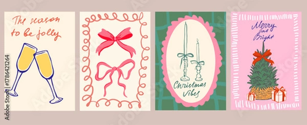 Fototapeta Set of Christmas greeting cards and party invitations in hand drawn vintage style, featuring mistletoe, gifts, Christmas tree, candles, bows and champagne in pink, red, green and blue colors, vector	
