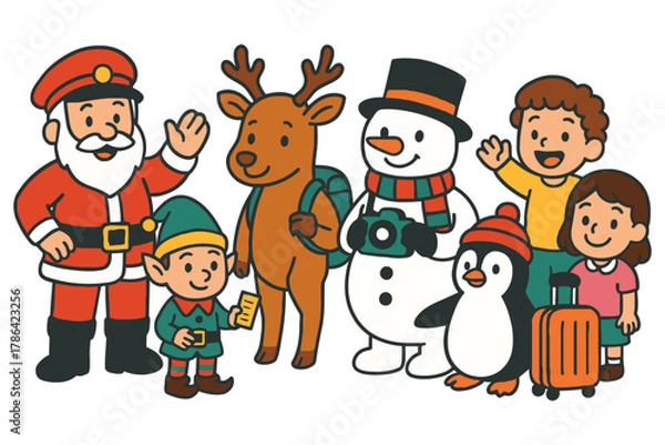 Obraz Happy christmas characters together waving hello festive holiday celebration