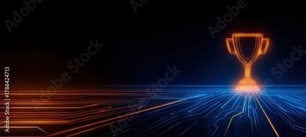 Fototapeta Neon Circuit Lines Converging into Trophy on Tech Banner