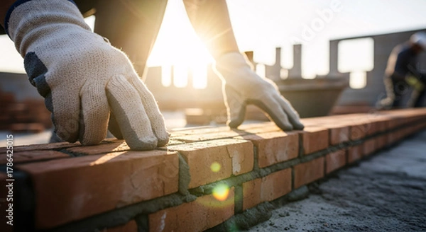 Obraz Builders Gloved Hands Laying Bricks on Construction Site at Sunset
