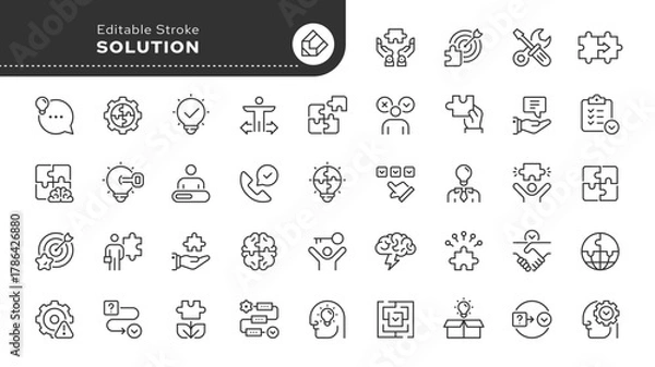 Fototapeta Solution line icon set. Problem solving, resolve, solved, maze, thinking, result, issue, idea, success and more. Outline icon in linear style. Vector collection.	