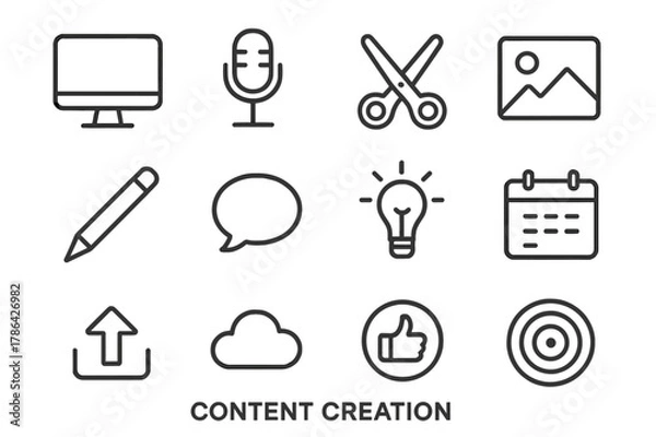 Fototapeta Content Creation Icons. Content creation. Line icon set of content creation: computer, microphone, editing scissors, image frame, pen, speech bubble, idea