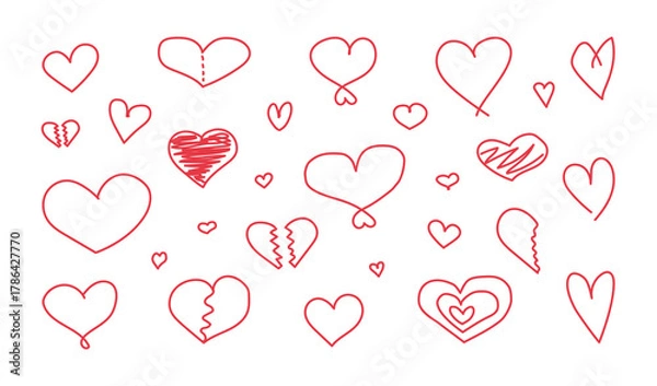 Fototapeta Set of vector red hearts for Valentine's Day drawn with a marker