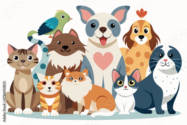 Fototapeta A cute and funny vector illustration set of cartoon zoo and farm animals, including a cat, dog, tiger, baby pig, cow, rabbit, fox, bear, elephant, and lion characters