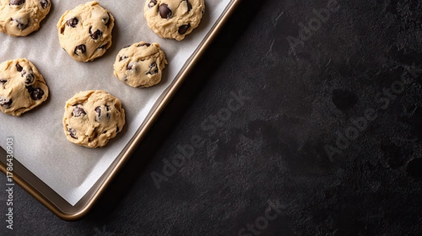 Fototapeta Chocolate chip cookies on baking sheet ready to bake on dark background with copy space for National Cookie Dough Day
