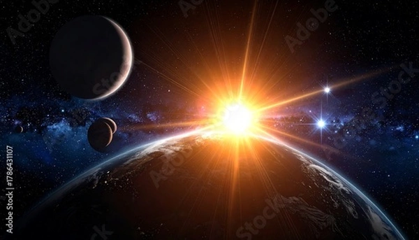 Fototapeta Cosmic Dawn - A Breathtaking Sunrise Over Earth with Celestial Bodies.