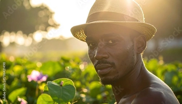 Fototapeta Intense gaze of a man in natures embrace.